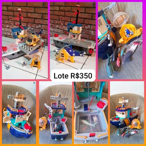 Porta aviões + Navio pesqueiro + Helicóptero de resgate + submarino +  boneco Imaginext 