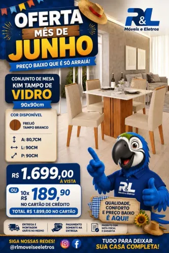 Oferta De Junho Mesa Kim Com Tampo De Vidro /Entrega É Montagem Grátis Loja R&L Moveis