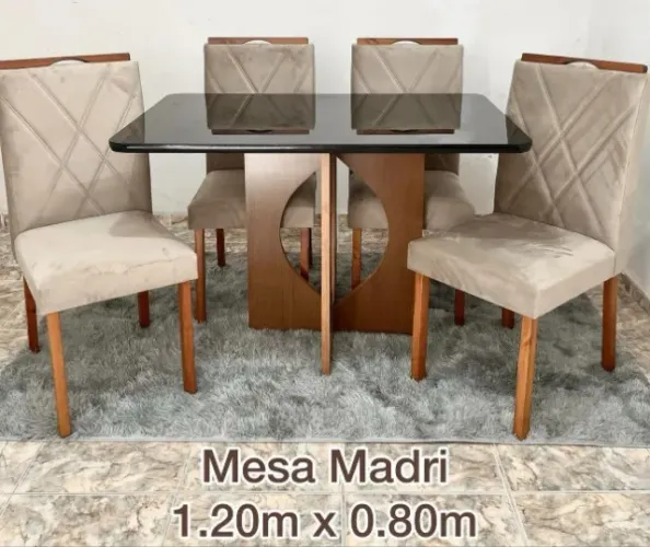 120X80 MESA MADRI COM 4 CADEIRAS LUXO TAMPO COM VIDRO E BORDA BOLEADA EM PROMOÇÃO