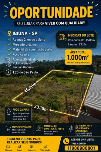 Terreno 1.000m² em Ibiúna Poço Caipira Ótima Localização