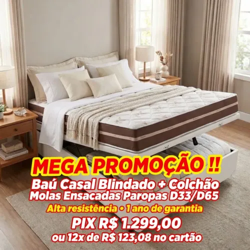Baú casal blindado + colchão Paropas Molas enscadas D33/D45 23 cm 1 ano garantia