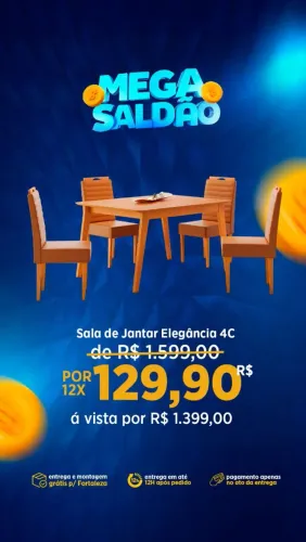 Promoção! Sala de Jantar Elegância 4 cadeiras- Entrega e montagem grátis pra Fortaleza