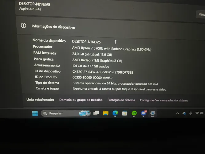 Acer Aspire 5 Ryzen 7 5700U, 24GB RAM, SSD 512GB. Rápido e conservado! ?