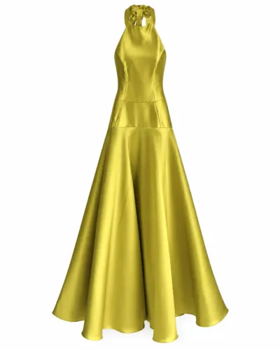 Vestido Longo de Festa em Cetim Verde Chartreuse com Decote Halter e Costas Abertas