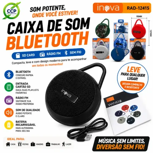 Caixa De Som Bluetooth Portátil Inova Redonda Display Rádio, Usb Bluethooth