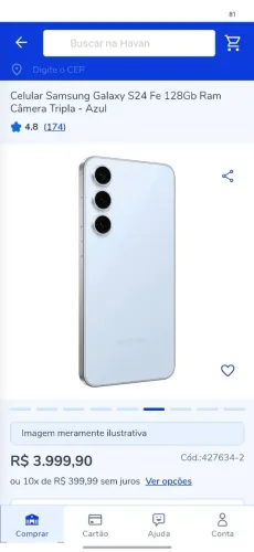 S24 FE 128gb com relógio sanssung, obs: Somente venda