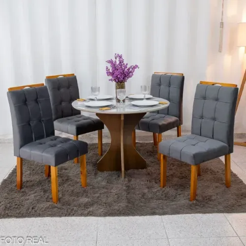 Mesa de Jantar Siena Redonda Vidro Off Cinamomo 4 Cad Londres Veludo Chumbo Minas Plac