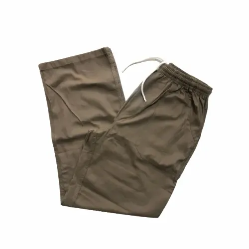 Calça Industrial Feita em Brim Marrom, 4 bolsos, c/ elástico e cadarço.