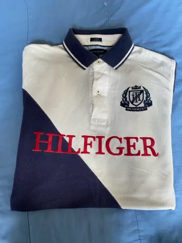 Tommy Hilfiger Men's Shirt Blue/White Custom Fit Embroidered Logo Polo