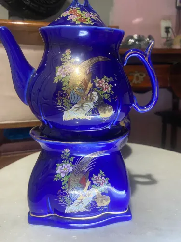 1 Kit 5 itens chaleira, aquecedor de chaleira, 3 potiches  - estampa pavão