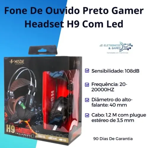 Fone De Ouvido Preto Gamer Headset H9 Com Led - Lacrado