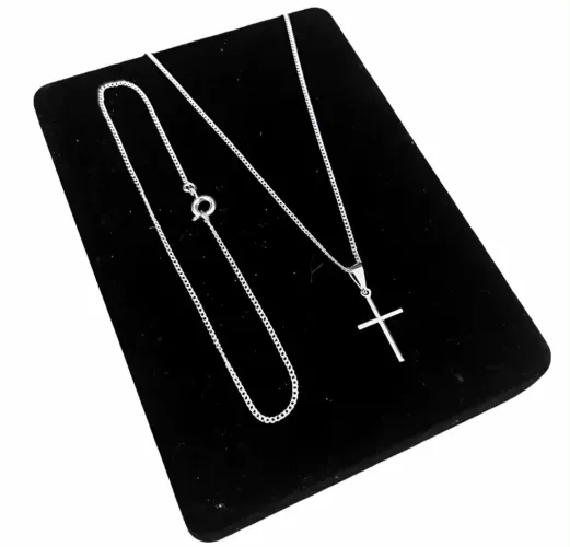 Kit Corrente colar cordão grumet 1,5mm com pingente cruz + Pulseira Banho de prata 925