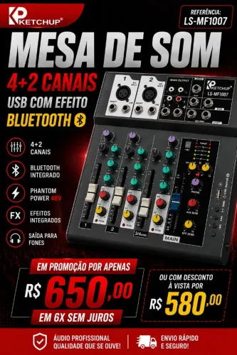 Mesa de som 4 + 2 canais efeito bluetooth USB LS MF1007