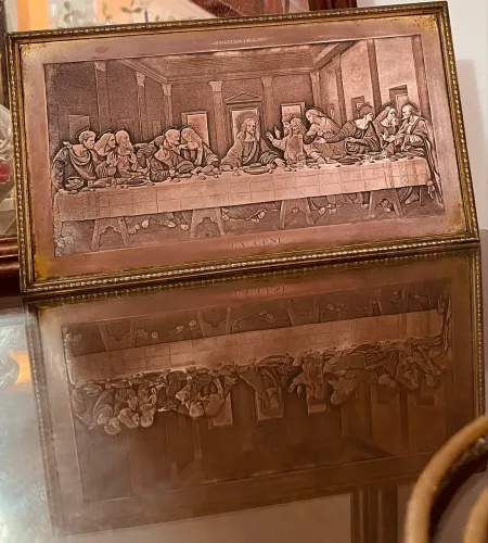 Quadro de cobre bronze madeira Santa Ceia