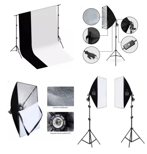 KIT DUPLO SOFTBOX LUZ + SUPORTE INFINITO FOTO + 2 TECIDOS