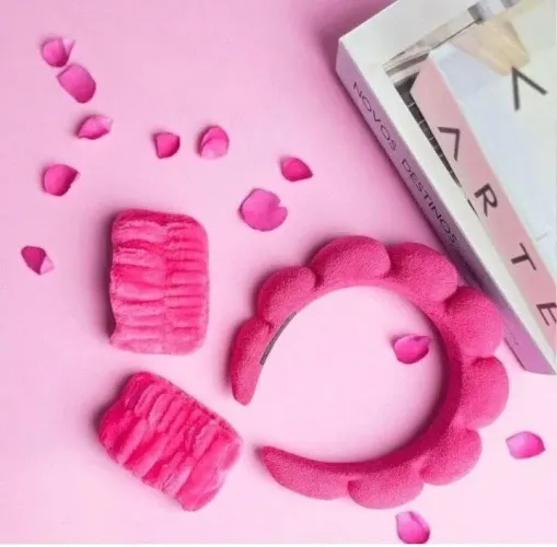 Kit skincare - tiara nuvem + pulseiras atoalhadas+ Scruncries rosa pink