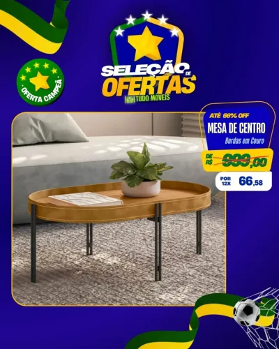 Mesa de centro bordas em couro 