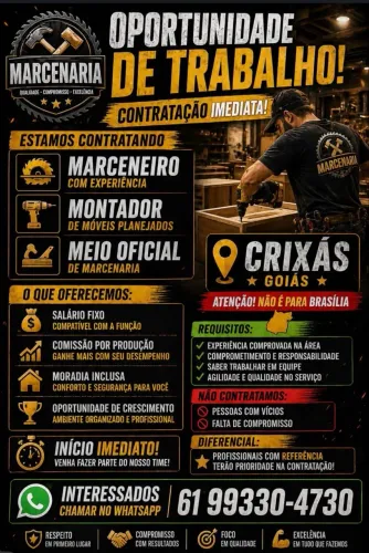 Marceneiro / Montador - Salário + Comissão + Moradia (Crixás GO)