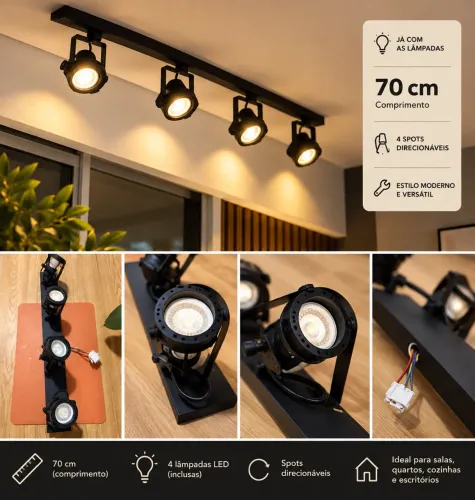 Trilho de Teto Preto 70cm com 4 Spots + Lâmpadas LED