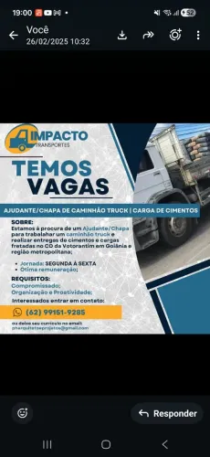 Contrata-se Ajudante de Motorista de Caminhão - Aparecida de Goiânia/GO