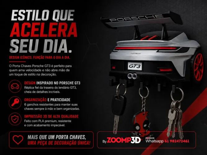Porta Chaves Porsche 911 GT3 RS Decorativo Suporte de Parede Estilo Luxo