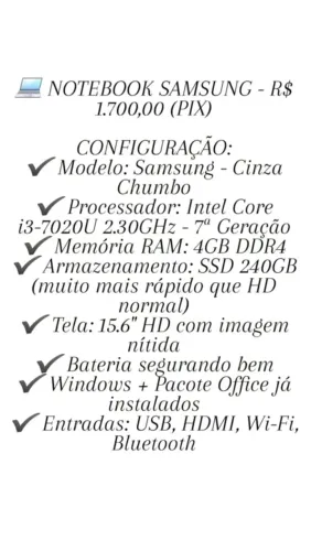 Notebook Samsung Intel core I3 EM PERFEITO ESTADO, BATERIA FUNCIONANDO BEM