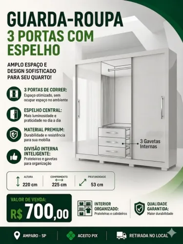 Guarda roupa 3 portas com espelho 