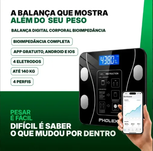 Balança Digital Corporal Bioimpedância Pholex Com Aplicativo Bluetooth Android e iOS Vidro
