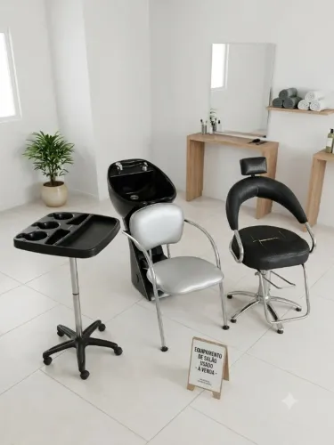 Kit Salão de Beleza: Cadeira Cabeleireiro + Mesa Auxiliar + Lavatório