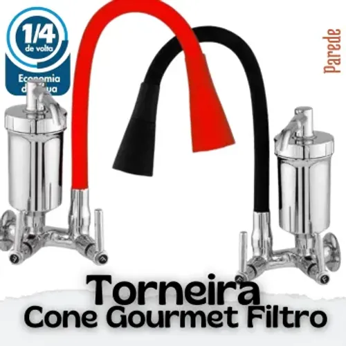 Torneira Cone Bica Móvel Parede Gourmet Com Filtro Vermelha 2 Jatos _ CS305