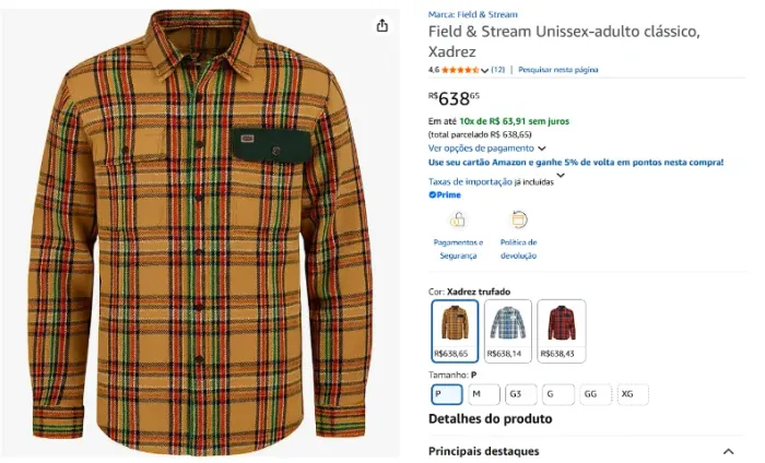 Camisa Field & Stream Unissex-adulto clássico, Xadrez - Novas