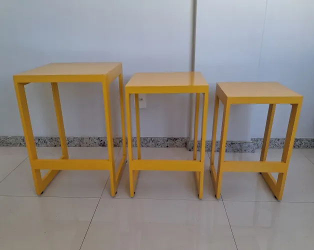 Mesas Ninho Amarelas Laca Alto Brilho - Conjunto 3 Peças MDF