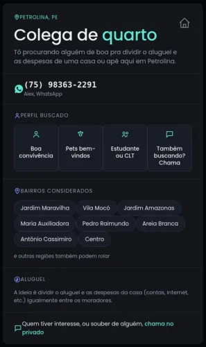Procuro colega de quarto em Petrolina/PE