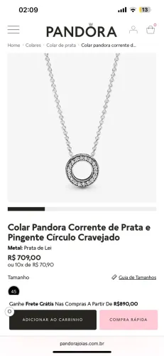 Colar Pandora Corrente de Prata e Pingente Círculo Cravejado