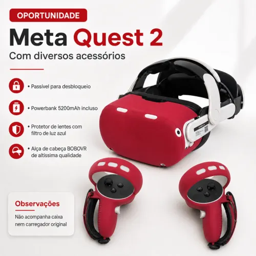 Óculos de realidade virtual - Meta Quest 2 com diversos acessórios