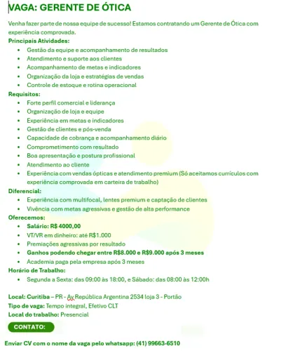 Gerente de Ótica; experiência em Ótica e Liderança; CLT