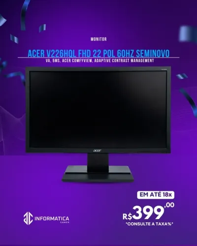 MONITOR ACER V226HQL FHD 22 POL 60HZ SEMINOVO