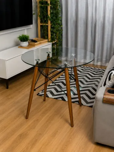 Mesa Redonda 90cm Estilo Eames Eiffel | Vidro e Madeira Maciça