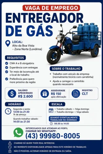 Vaga para entregador de gás registrado