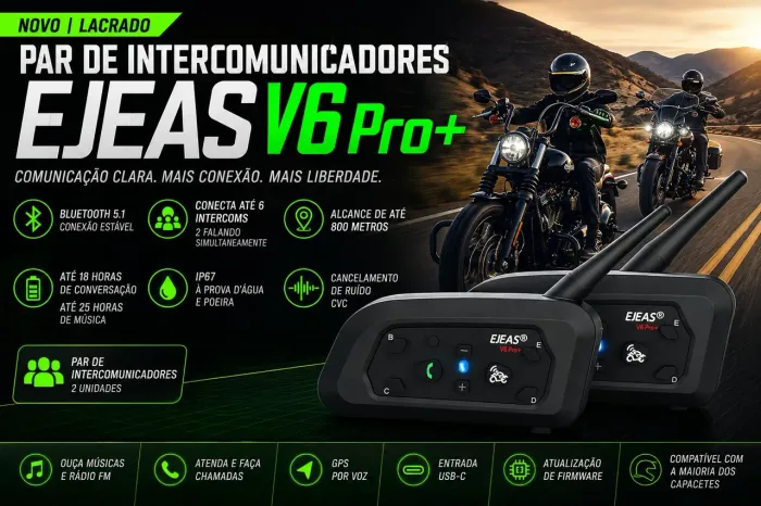 Par Intercomunicador EJEAS V6 Pro+ Bluetooth 5.1 Novo Lacrado IP67 800 m