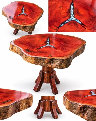 Mesa madeira maciça com detalhe em resina 