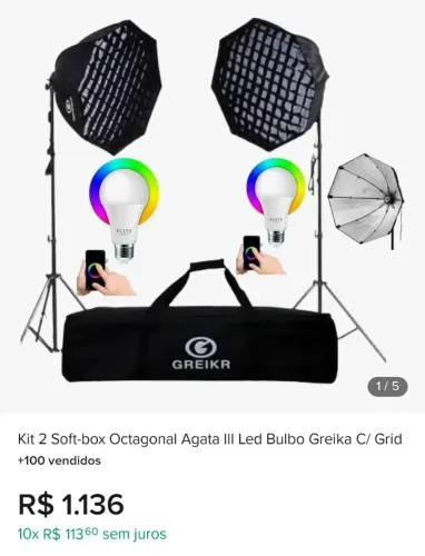Kit 2 Soft-box Octagonal Agata Ill Led Bulbo Greika C/ Grid