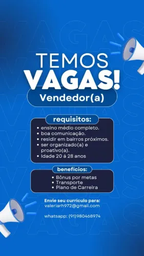 VAGA PARA VENDEDOR(A) - INÍCIO IMEDIATO!