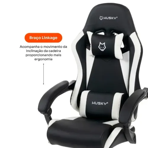 Cadeira Gamer Husky Storm 100, Até 120kg, Almofadas, Reclinável 135º, PU, Preta E Branca