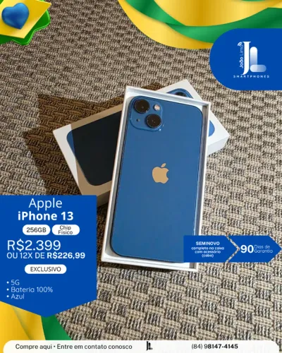 IPHONE 13, 5G,  256GB, CHIP FÍSICO, AZUL, SEMINOVO, EXCLUSIVO!