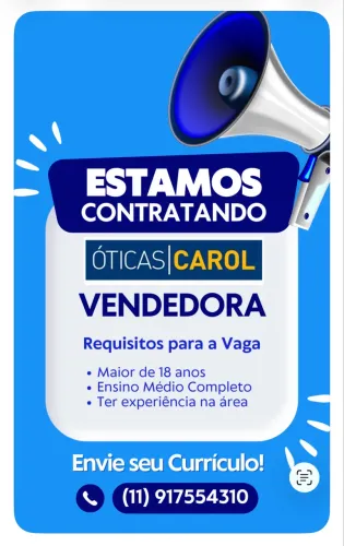 Vaga de vendedora óticas Carol Mauá