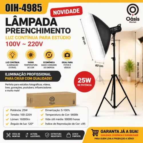 Lâmpada de Preenchimento LED 25W Luz Contínua para Estúdio Foto e Vídeo