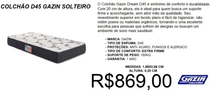 Colchão d45 gazin solteiro - frete grátis!