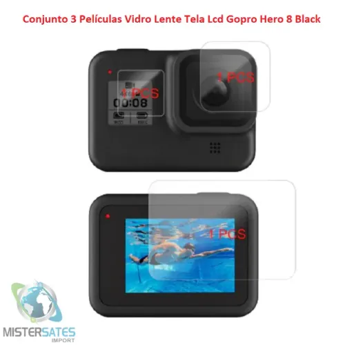 Conjunto 3 Películas Vidro Lente Tela Lcd Gopro Hero 8 Black - COD 832