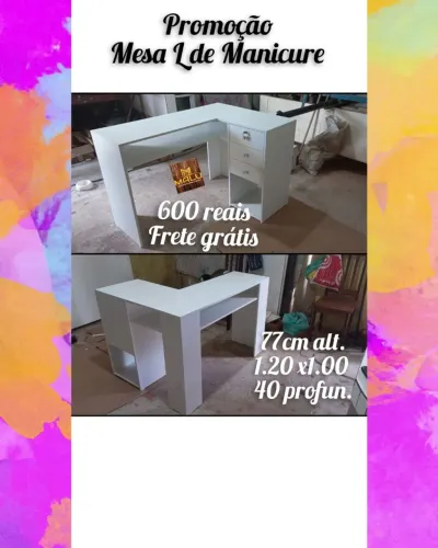 Mesa de Manicure L em Branco - Frete Grátis